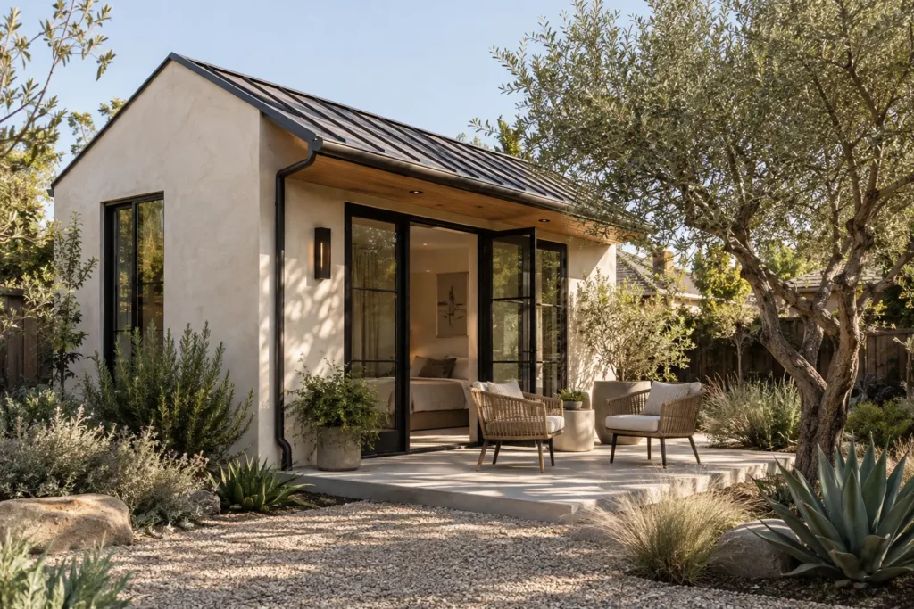 AI-generated design concept of an ivory backyard ADU with a sheltered patio
