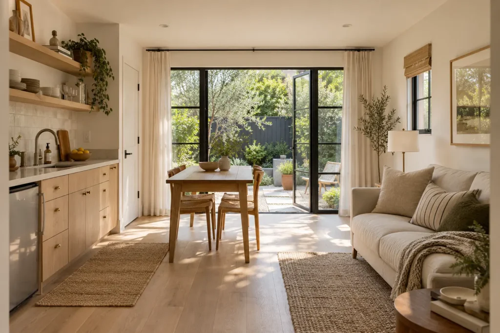 AI-generated design concept of a garage studio with oak finishes and garden glazing