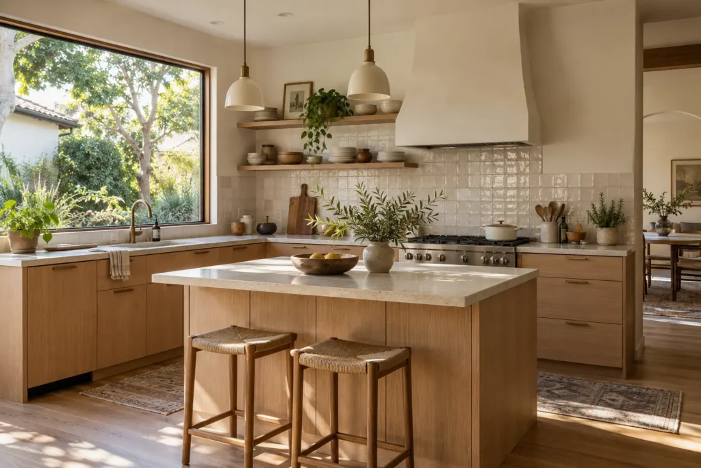 AI-generated design concept of a kitchen with oak cabinetry and handmade tile
